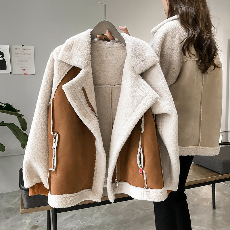 Suede Jacket Women Short Lamb Velvet | Motorcycle Jacket Style