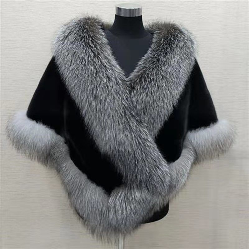 Imitated Mink Fox Fur Cape Coat Plus-sized Dress Shawl color black and grey