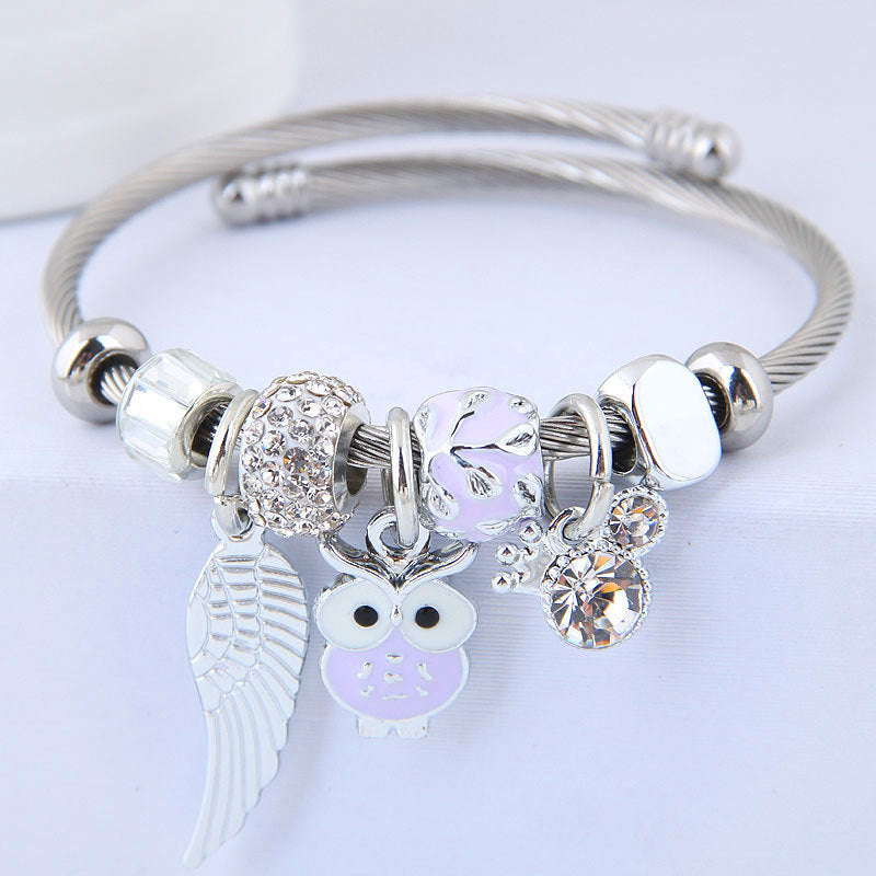 Owl Angel Wings beaded pendant stainless steel bracelet