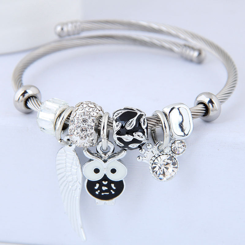 Owl Angel Wings beaded pendant stainless steel bracelet
