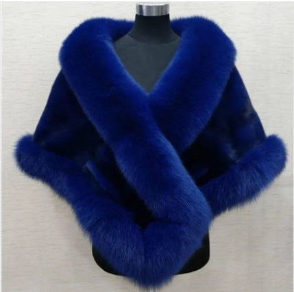 Imitated Mink Fox Fur Cape Coat Plus-sized Dress Shawl color dark blue