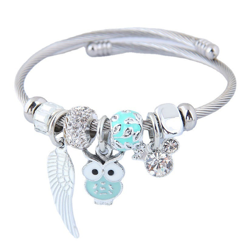 Owl Angel Wings perleformet vedhæng i rustfrit stål armbånd