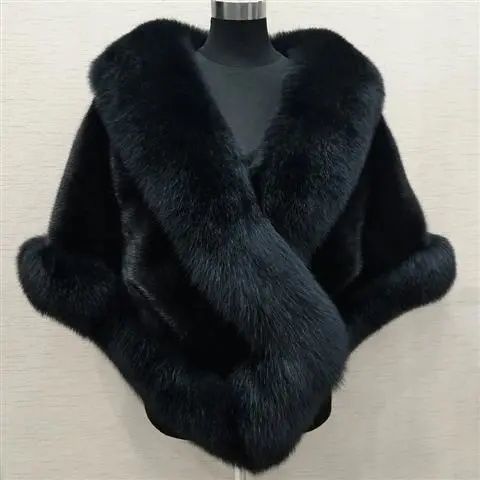 Imitated Mink Fox Fur Cape Coat Plus-sized Dress Shawl color black 
