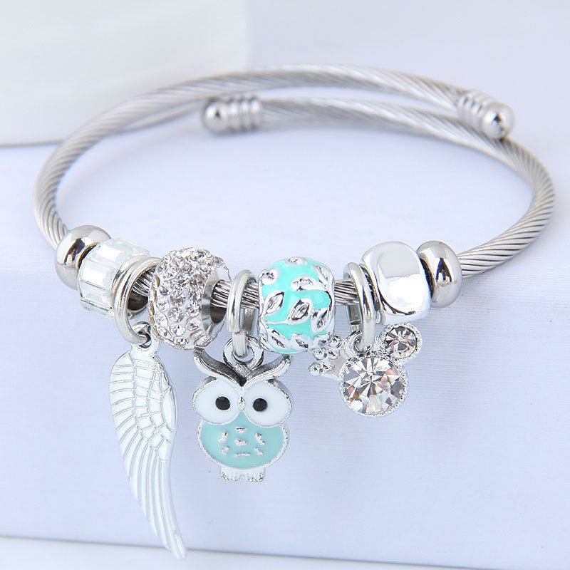 Owl Angel Wings beaded pendant stainless steel bracelet