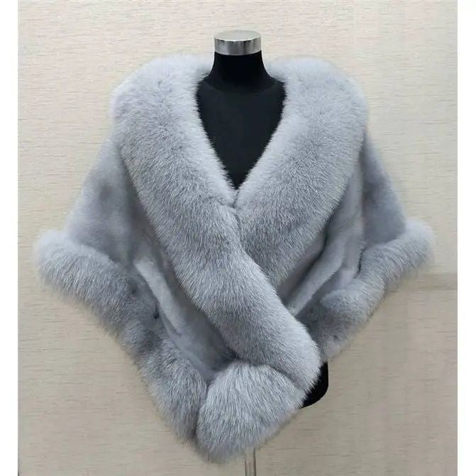 Imitated Mink Fox Fur Cape Coat Plus-sized Dress Shawl color light grey