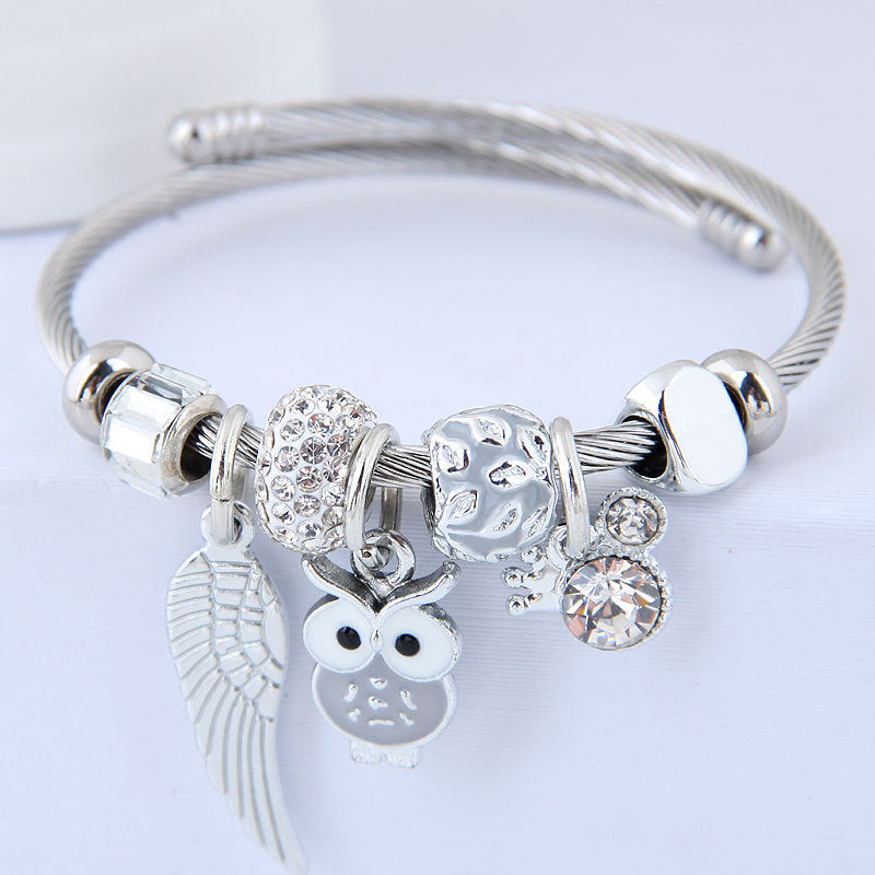 Owl Angel Wings beaded pendant stainless steel bracelet