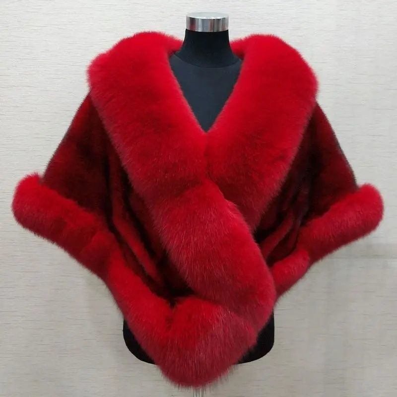 Imitated Mink Fox Fur Cape Coat Plus-sized Dress Shawl color red
