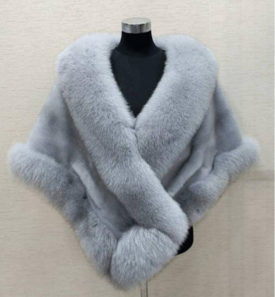 Imitated Mink Fox Fur Cape Coat Plus-sized Dress Shawl color light grey