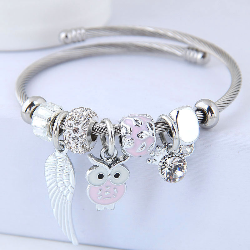 Owl Angel Wings beaded pendant stainless steel bracelet